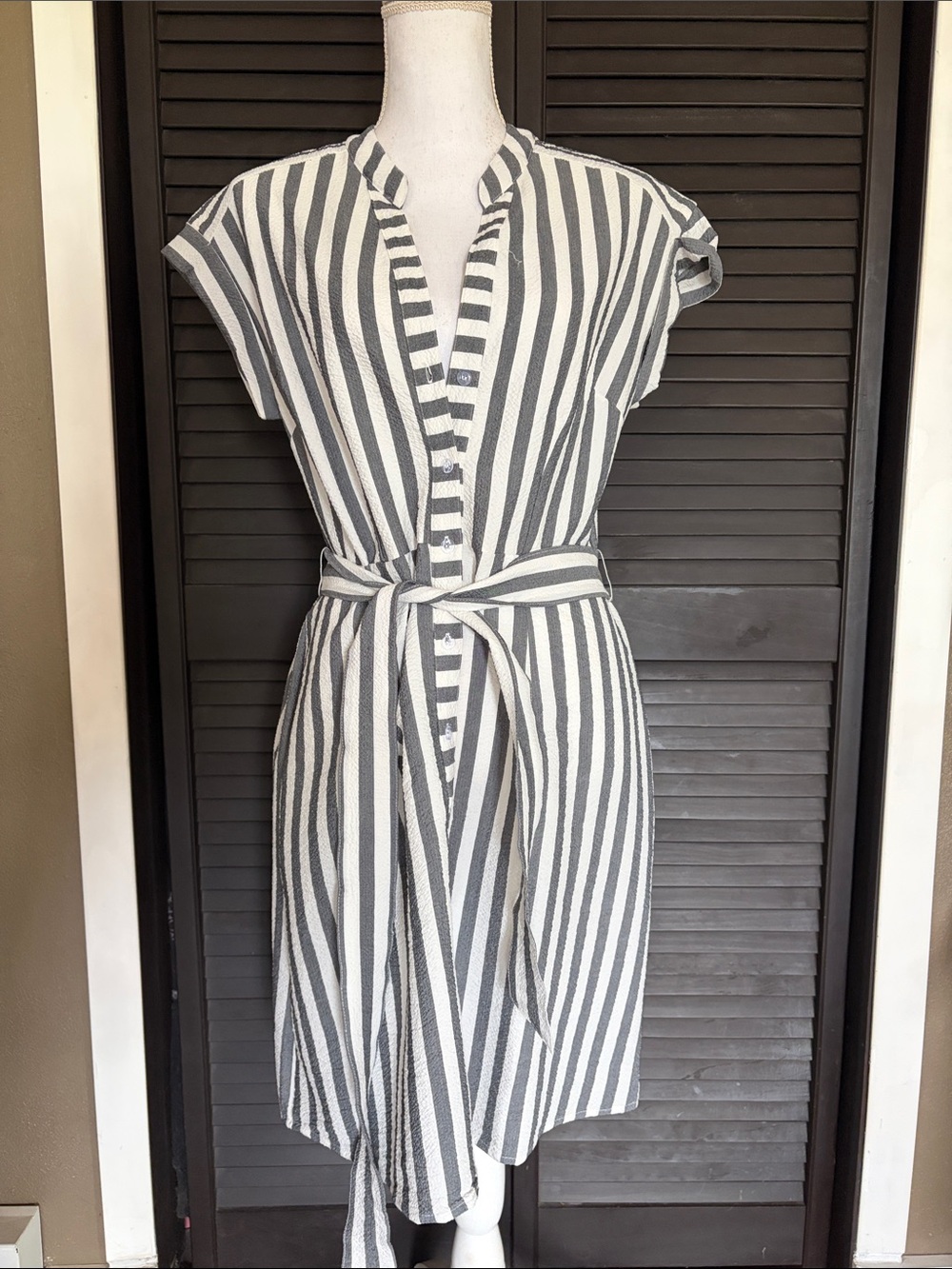 Striped Button-Front Tie-Waist Dress - White and Charcoal